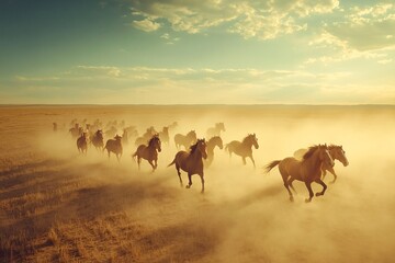 Naklejka na meble Across a vast open plain, a herd of wild horses gallops, dust rising behind them, showcasing wildlife