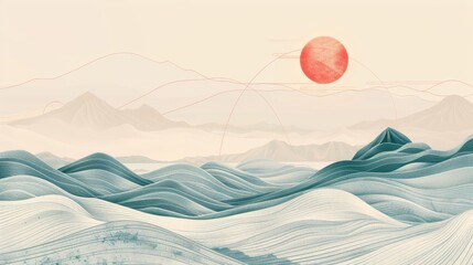 Poster - Japanese background with wave line pattern vector. Abstract template with geometric patterns. Mountain layout design in oriental style.