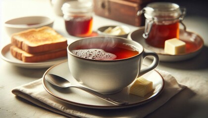 cup of breakfast tea  with bread for breakfast