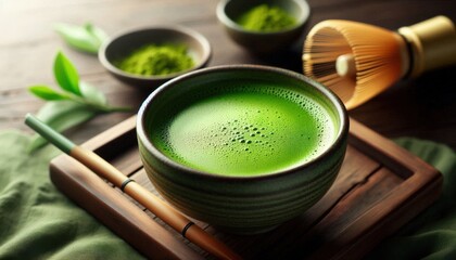 Wall Mural - a bowl of vibrant green matcha tea, served in a traditional Japanese tea bowl. The matcha has a smooth, frothy surface with a subtle, creamy foam on top. The bowl is placed on a simple wooden or bambo