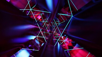 Wall Mural - Abstract background 3D animation moving through shiny glass metal and neon lights tunnel, loop