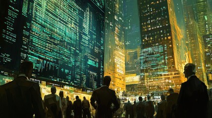 Poster - Silhouetted Figures Gaze Up at a Cityscape with a Large Digital Display