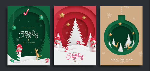 Christmas greeting card vector poster set. Christmas tree, snowman, deer and hanging xmas elements in paper cut template backdrop collection. Vector illustration seasonal poster design. 
