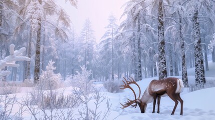 peaceful festive 3d reindeer grazing in snowy forest, christmas holiday wildlife background