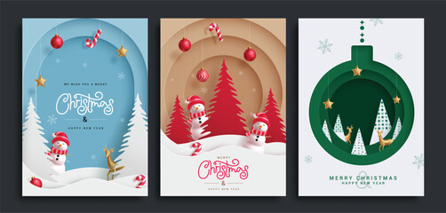 christmas greeting card vector poster set. merry christmas and happy new year greeting text with sno