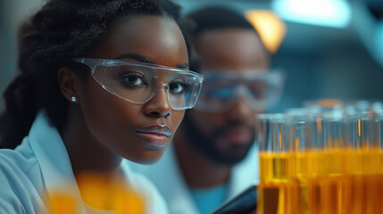 Wall Mural - Lab scientist in protective overalls, gloves and goggles  at laboratory and inspecting it against futuristic transparent interface. In search of anti-coronavirus or covid-19 vaccine