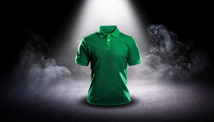 3D Mockup of Green Polo Shirt on Black Podium with Light Smoke: AI-Generated Imagery