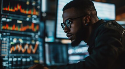 Poster - Man in Glasses Looking at Computer Screen with Data