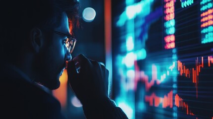 Poster - A Man Studying Stock Market Data on a Large Screen