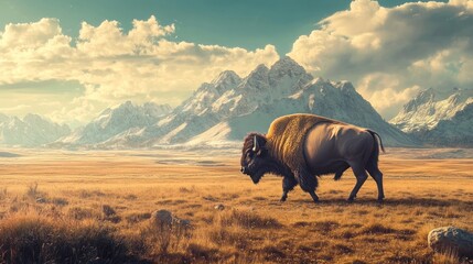 Wall Mural - Bison in the Majestic Mountain Landscape