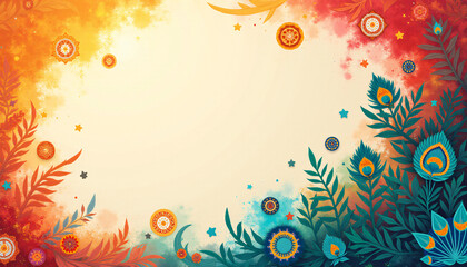 Abstract Janmashtami background with peacock feather motifs and sacred mandalas