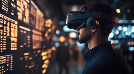 Poster - Man Wearing VR Headset Looking at a Digital Display
