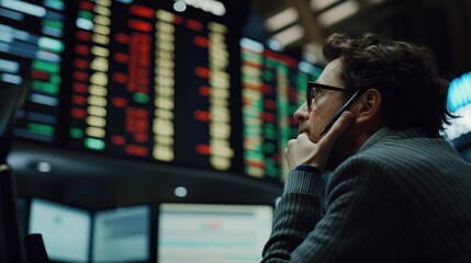 Poster - A Businessman Contemplating Stock Market Data on a Phone Call