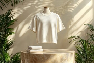 Realistic 3D mockup of T-Pajamas on a lifelike mannequin, displayed on a polished podium with an isolated background. The high resolution image captures the fabric texture and design in detail,