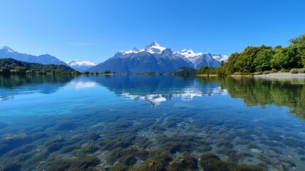 Serene lake with mountain backdrop