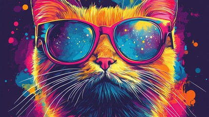 A close-up of a cat's face in a colorful, abstract, artistic style. The cat is wearing sunglasses with the reflection of a starry night sky.