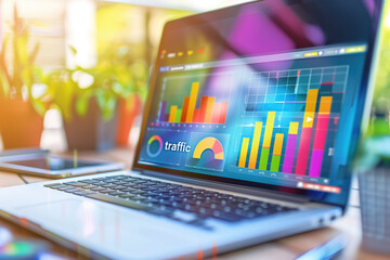 Wall Mural - Colorful analytics dashboard on a laptop screen with charts and graphs in a bright office space. Concepts of traffic analysis, digital marketing, and business intelligence.