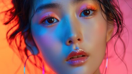 Canvas Print - High fashion portrait of young korean woman, bright neon colors