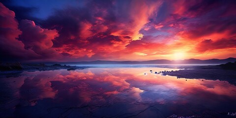 Poster - The sky is filled with clouds and the sun is setting, creating a serene