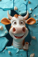 Canvas Print - 3D cartoon cow peeking out of cracked ice.