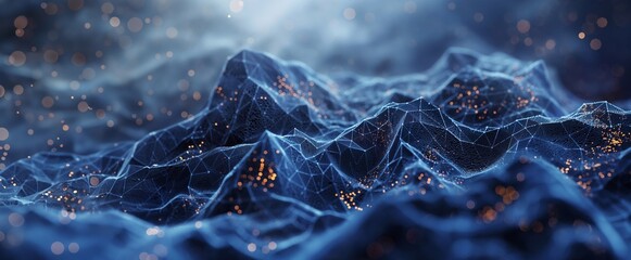 Abstract blue background showing a mountainous landscape made of lines and particles, representing concepts such as big data, blockchain and artificial intelligence