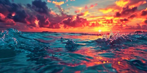 Poster - A beautiful sunset over the ocean with the water splashing