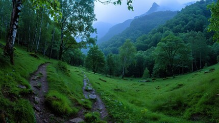 Wall Mural - Majestic Black Forest: A Panoramic View of Lush Green Mixed Forest with Birch, Beech and Fir Trees, Covered in Moss and Grass, Perfect for Wallpaper Backgrounds.