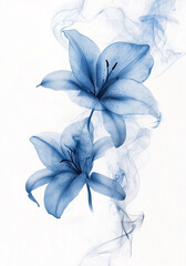 Wall Mural -  single lily, blue ink on white background, thin lines,  tattoo design, subtle gradient shading, graceful curves and angles, graceful composition