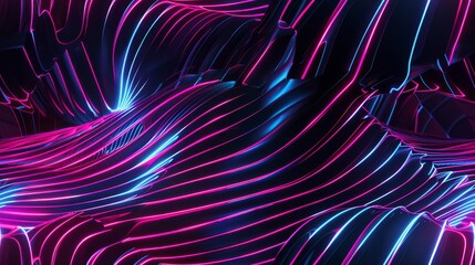 Wall Mural - Dynamic neon light trails weaving through dark 3D environment with glow effects, creating high-tech abstract background.