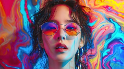 Canvas Print - a beautiful high fashion korean lady with cool sunglasses in front of a crazy multicolored abstract background