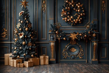 Wall Mural - Festive Room with Christmas Tree on Black Wall - 3D Render