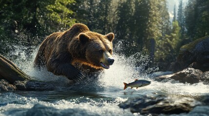 Wall Mural - Brown Bear Catching Salmon