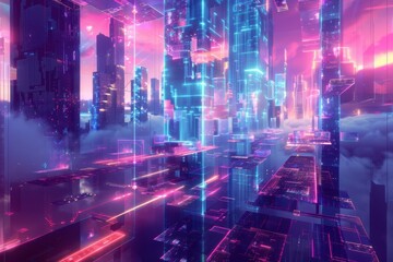 Canvas Print - A futuristic holographic cityscape, with abstract buildings and floating structures glowing in neon hues.A futuristic holographic cityscape, with abstract buildings and floating structures glowing in 