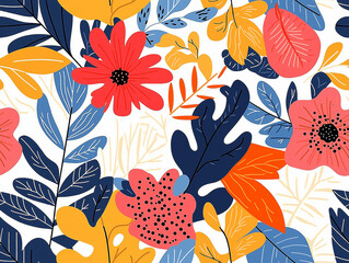 Poster - Bright floral seamless pattern featuring vibrant red, blue, and yellow leaves and flowers on a white background. Ideal for modern textiles and home decor designs.