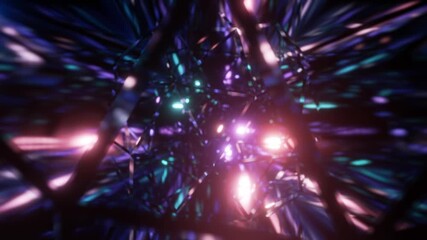 Wall Mural - Abstract background 3D animation moving through shiny glass metal and neon lights tunnel, loop