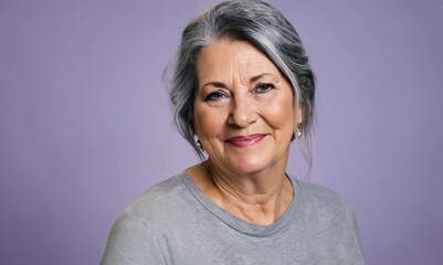 Wall Mural - Portrait of a senior woman with grey hair on a purple background