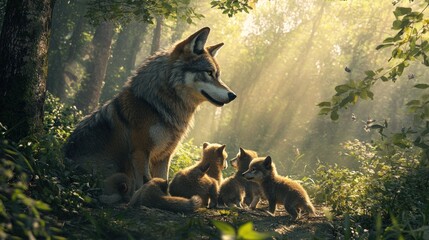 Wall Mural - Wolf Family in the Sunlit Forest