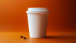© Bartek - Minimalistic White Disposable Coffee Cup on Bright Orange Background with Coffee Beans - Perfect for Takeaway Branding and Drink Mockups