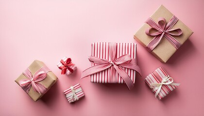 Pink Flat lay with striped gift boxes