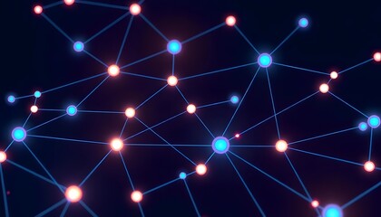 Poster - A futuristic network of glowing nodes and interconnected lines against a dark background, creating a sense of technology, connectivity, and data flow