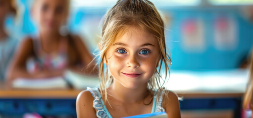 Smiling young girl with blue eyes sitting in a brightly lit classroom, focus on education and happiness. Concepts of childhood learning, scholastic environment, and positive emotions.