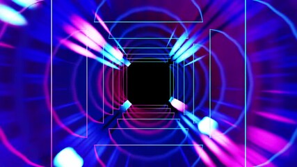 Wall Mural - Abstract background 3D animation moving through shiny glass metal and neon lights tunnel, loop