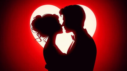 Silhouette of kissing couple on red heart background, romantic background. Concept of love man and woman, relationship romance, Valentine's day, date, passion, husband wife, honeymoon, greeting card