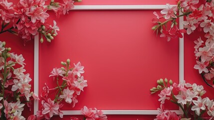 Elegant floral display with light pink flowers blank frame on red backdrop for text Suitable for various occasions flat lay room for text