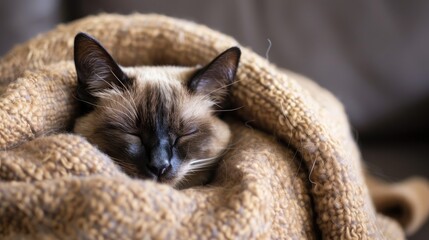 Sticker - Siamese cat cuddled up in its cozy bed showcasing the concept of pet care