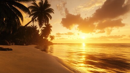 Beautiful view tropical coast with palm trees and sandy beach at sunset