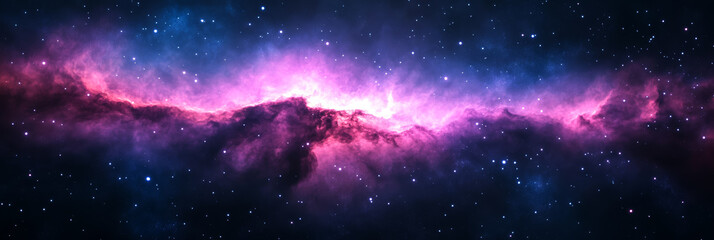 Wall Mural - Dark space scene with a vibrant purple and pink nebula stretching across and tiny distant stars shimmering in the void cosmic beauty concept 