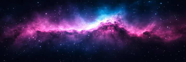 Wall Mural - Dark space scene with a vibrant purple and pink nebula stretching across and tiny distant stars shimmering in the void cosmic beauty concept 