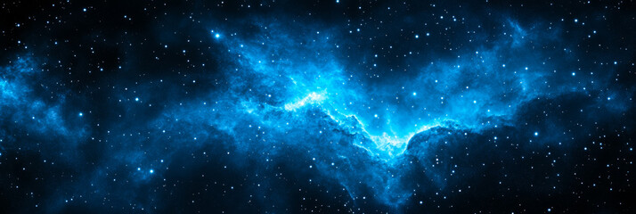 Wall Mural - Deep black background with glowing stars scattered across and a faint blue nebula swirling in the distance cosmic and mysterious outer space vibe 
