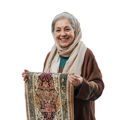 Elderly woman holding a traditional rug, representing cultural heritage and craftsmanship, isolated on transparent background, ideal for cultural and traditional themes